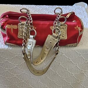 M.C. Mark Chatal Collection Red Fabric Satchel Handbag With Chain Straps